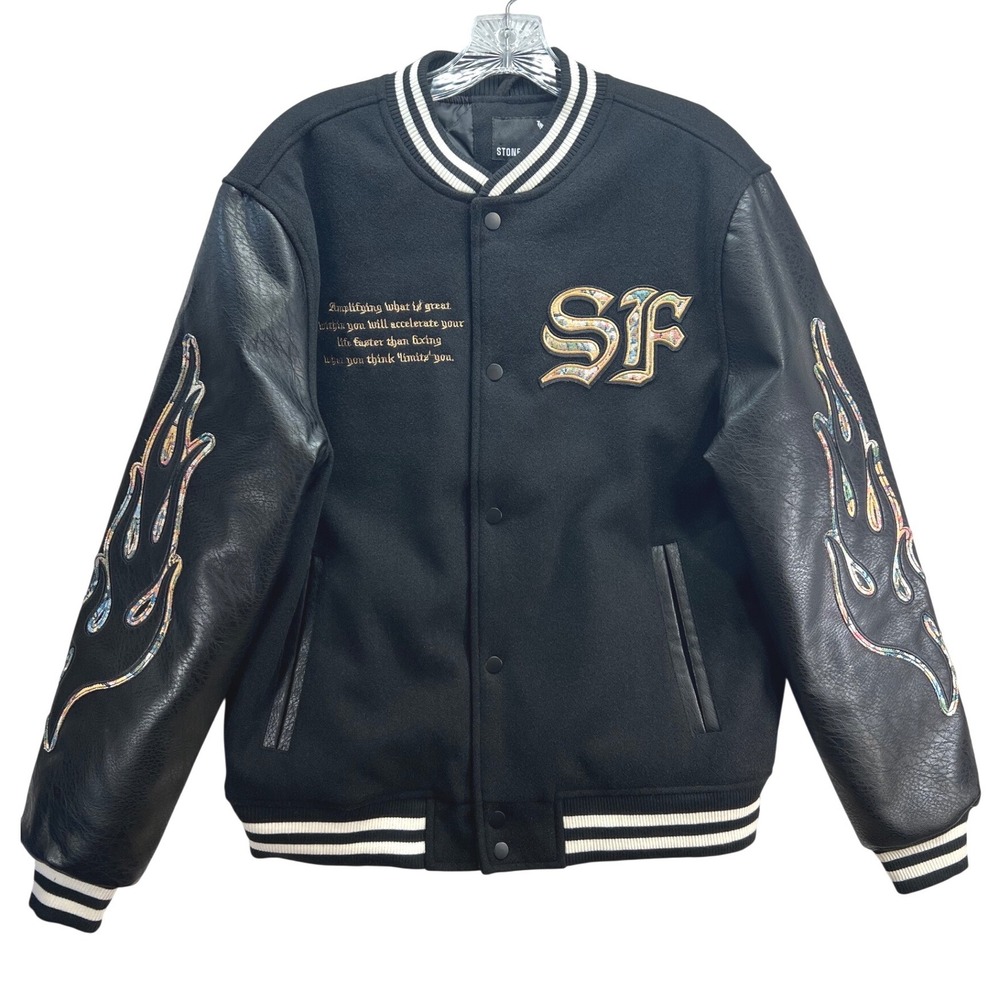Stone Black Varsity Jacket SF Patch Flame Embroidery Faux Leather Sleeves Mens M